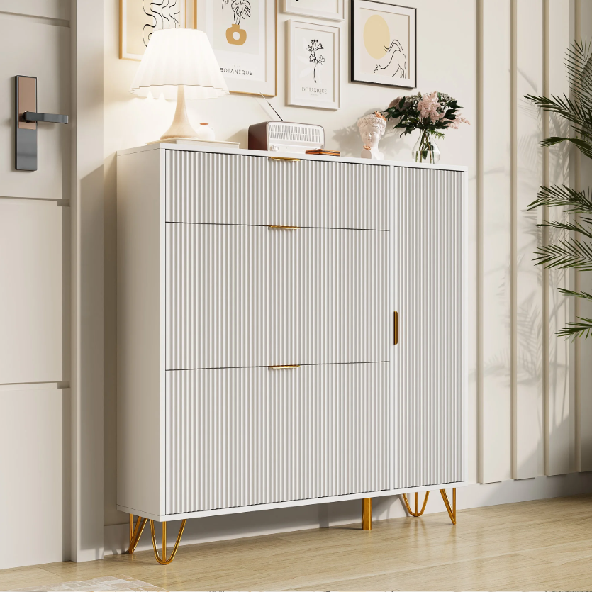 Schoenenkast met 3 Vouwdeuren en 2 Opbergvakken – Vrijstaand, Wit, Ruimtebesparend