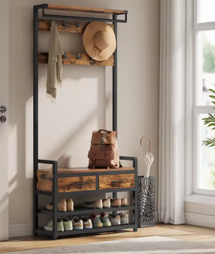 Kapstok met Schoenenbank – 6-in-1 Design, Haken, Laden en Legplanken, 30×80.4×181.6 cm