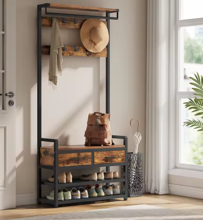 Kapstok met Schoenenbank – 6-in-1 Design, Haken, Laden en Legplanken, 30×80.4×181.6 cm