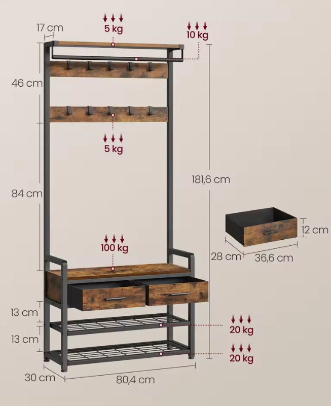 Kapstok met Schoenenbank – 6-in-1 Design, Haken, Laden en Legplanken, 30×80.4×181.6 cm