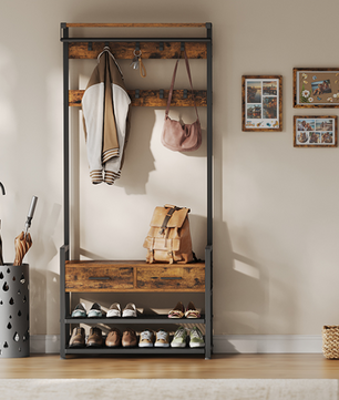 Kapstok met Schoenenbank – 6-in-1 Design, Haken, Laden en Legplanken, 30×80.4×181.6 cm
