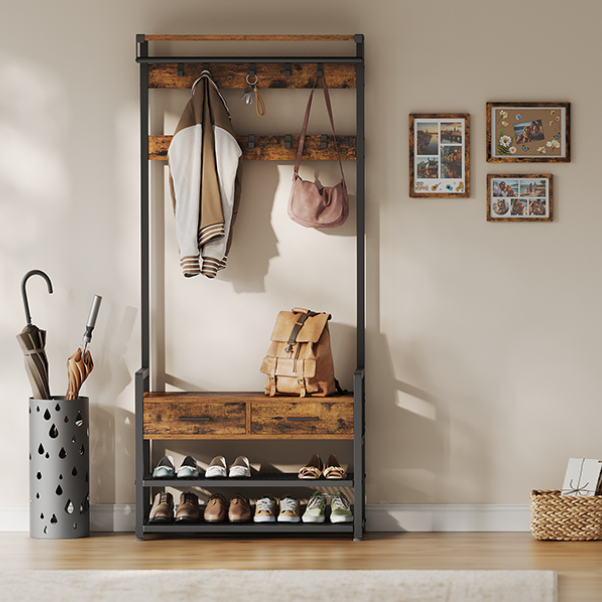 Kapstok met Schoenenbank – 6-in-1 Design, Haken, Laden en Legplanken, 30×80.4×181.6 cm