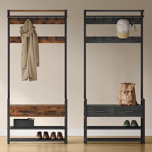 Kapstok met Schoenenbank – 6-in-1 Design, Haken, Laden en Legplanken, 30×80.4×181.6 cm