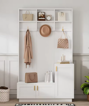 Garderobeset met Bank en Schoenenopslag – 3 Haken en Open Schappen, 120×40×200 cm