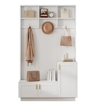 Garderobeset met Bank en Schoenenopslag – 3 Haken en Open Schappen, 120×40×200 cm