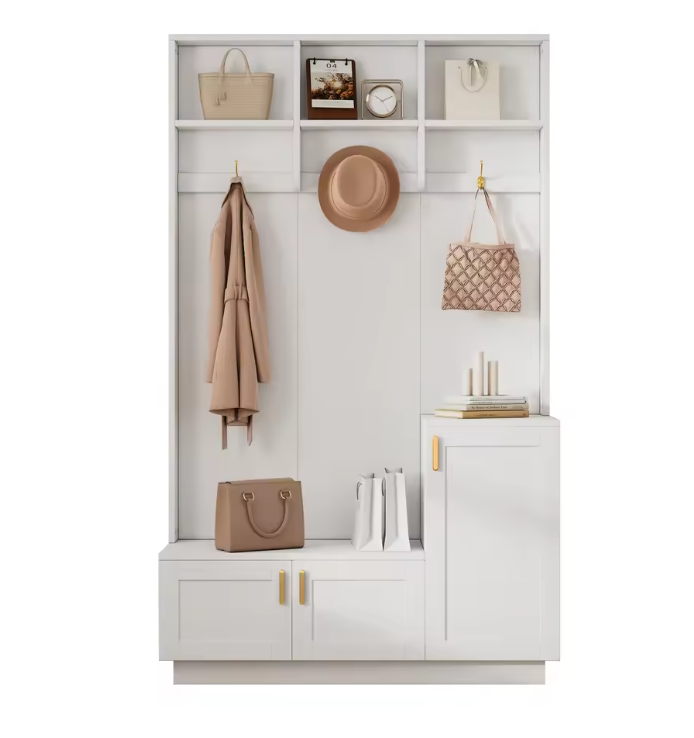 Garderobeset met Bank en Schoenenopslag – 3 Haken en Open Schappen, 120×40×200 cm