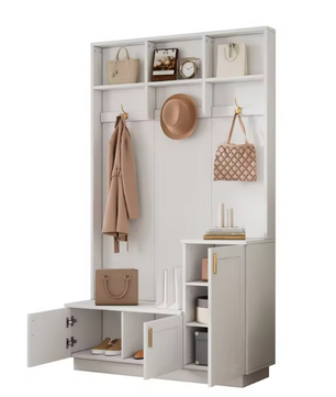 Garderobeset met Bank en Schoenenopslag – 3 Haken en Open Schappen, 120×40×200 cm