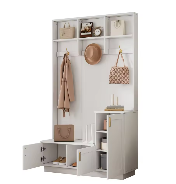 Garderobeset met Bank en Schoenenopslag – 3 Haken en Open Schappen, 120×40×200 cm