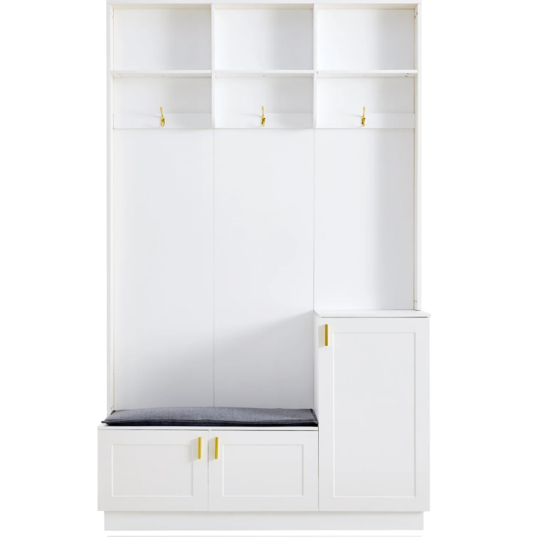 Garderobeset met Bank en Schoenenopslag – 3 Haken en Open Schappen, 120×40×200 cm