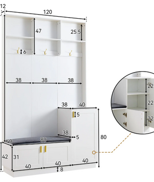 Garderobeset met Bank en Schoenenopslag – 3 Haken en Open Schappen, 120×40×200 cm