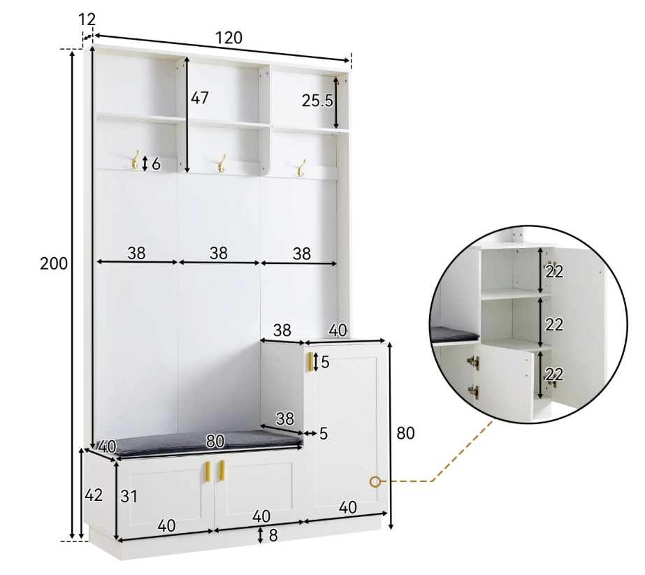 Garderobeset met Bank en Schoenenopslag – 3 Haken en Open Schappen, 120×40×200 cm