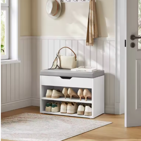 Schoenenbank met Kussen – 3-Laags Schoenenrek en Opbergruimte, 30×60×44 cm