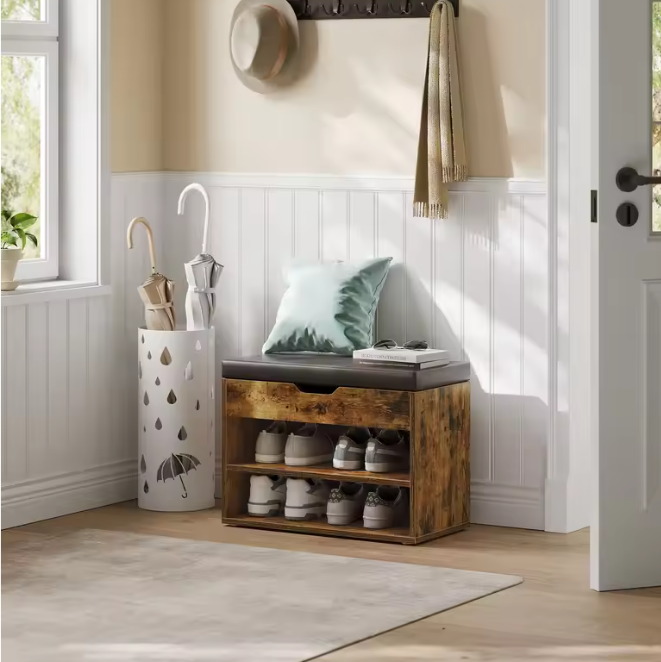 Schoenenbank met Kussen – 3-Laags Schoenenrek en Opbergruimte, 30×60×44 cm