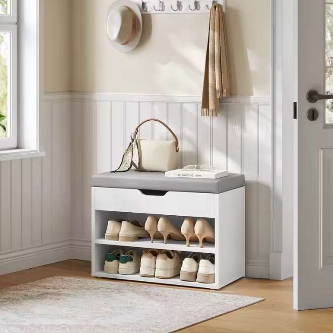 Schoenenbank met Kussen – 3-Laags Schoenenrek en Opbergruimte, 30×60×44 cm