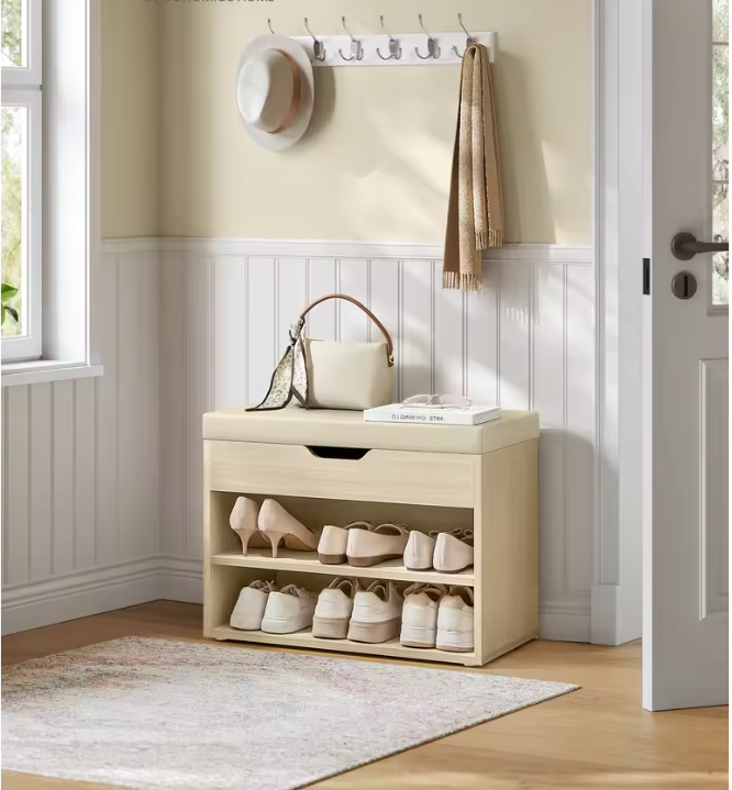 Schoenenbank met Kussen – 3-Laags Schoenenrek en Opbergruimte, 30×60×44 cm