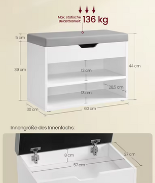 Schoenenbank met Kussen – 3-Laags Schoenenrek en Opbergruimte, 30×60×44 cm