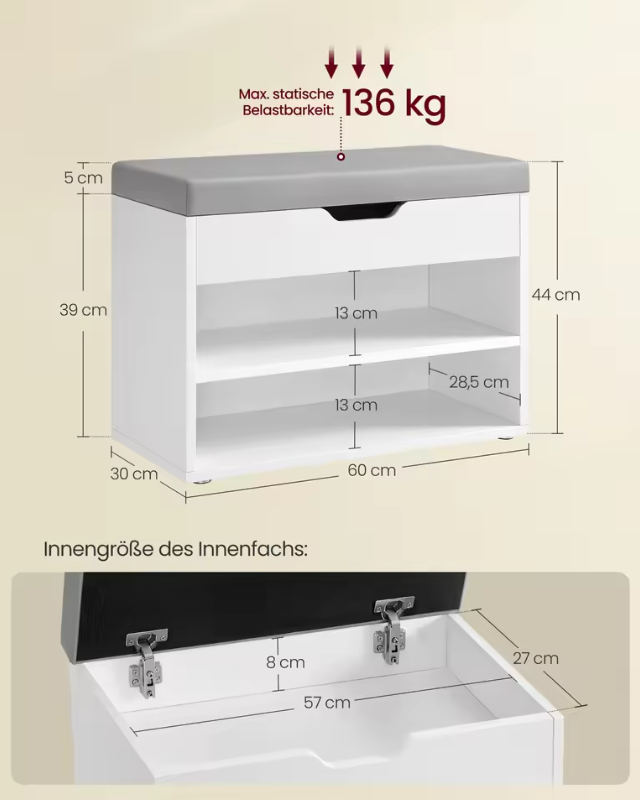 Schoenenbank met Kussen – 3-Laags Schoenenrek en Opbergruimte, 30×60×44 cm