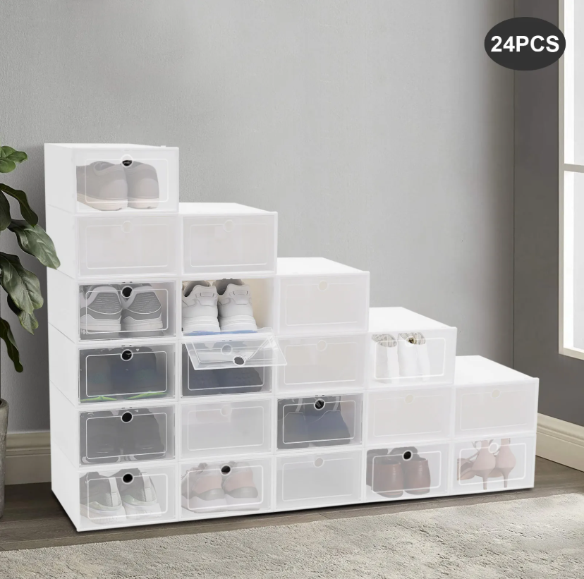 Set van 24 Transparante Schoenenboxen – Stapelbare Opbergdozen met Deur