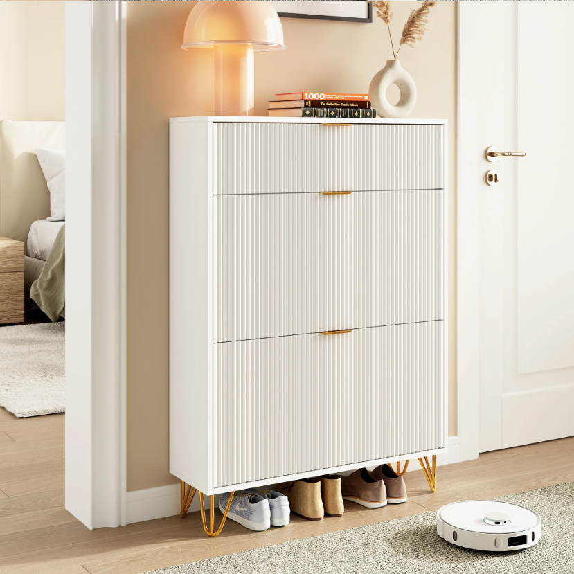 Schoenenkast met Lade en Deuren – Smal Wit Schoenenrek 80×24×118.5 cm