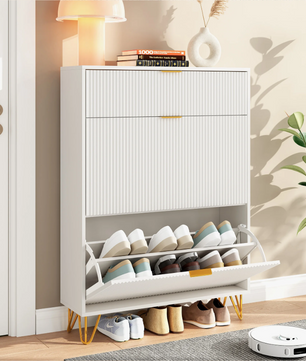Schoenenkast met Lade en Deuren – Smal Wit Schoenenrek 80×24×118.5 cm