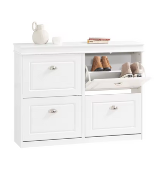 Schoenenkast met 4 Kleppen – Smalle Schoenenkast met 8 Opbergvakken, Wit MDF