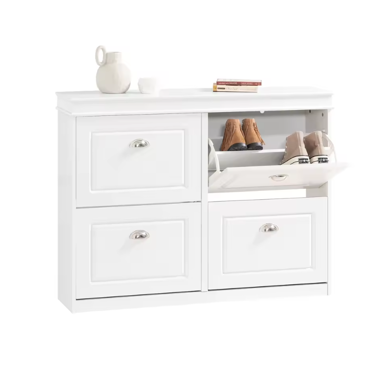 Schoenenkast met 4 Kleppen – Smalle Schoenenkast met 8 Opbergvakken, Wit MDF