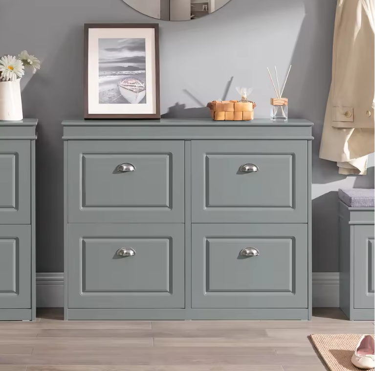 Schoenenkast met 4 Kleppen – Smalle Schoenenkast met 8 Opbergvakken, Wit MDF