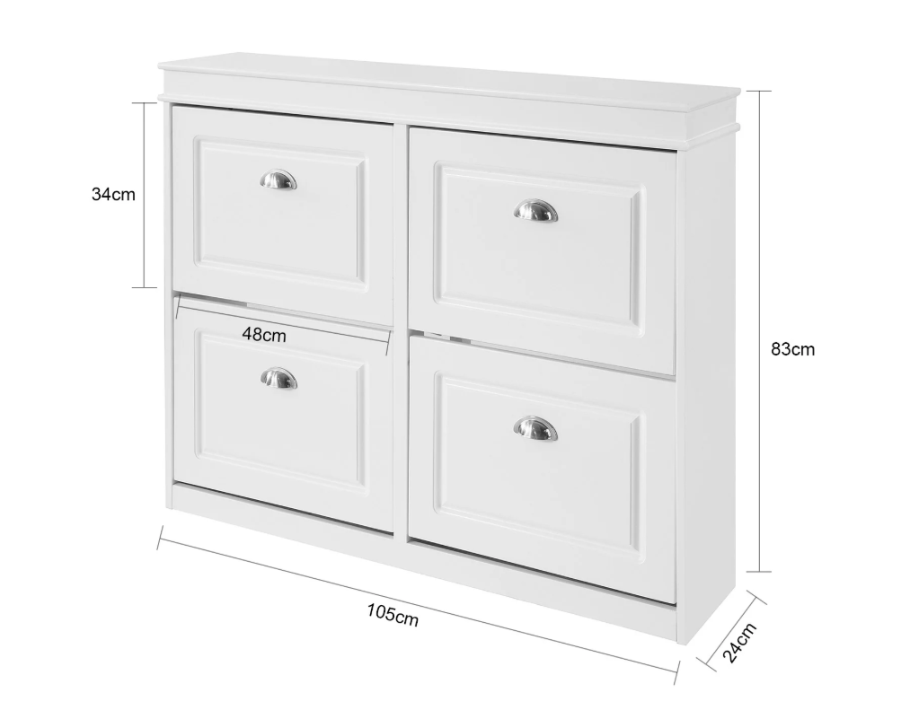 Schoenenkast met 4 Kleppen – Smalle Schoenenkast met 8 Opbergvakken, Wit MDF