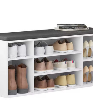 Schoenenbank met 7 Vakken – Witte Opbergbank met Grijs Kussen