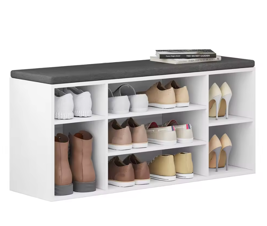 Schoenenbank met 7 Vakken – Witte Opbergbank met Grijs Kussen