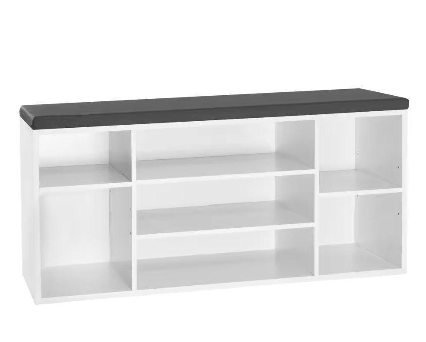 Schoenenbank met 7 Vakken – Witte Opbergbank met Grijs Kussen