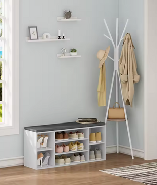 Schoenenbank met 7 Vakken – Witte Opbergbank met Grijs Kussen