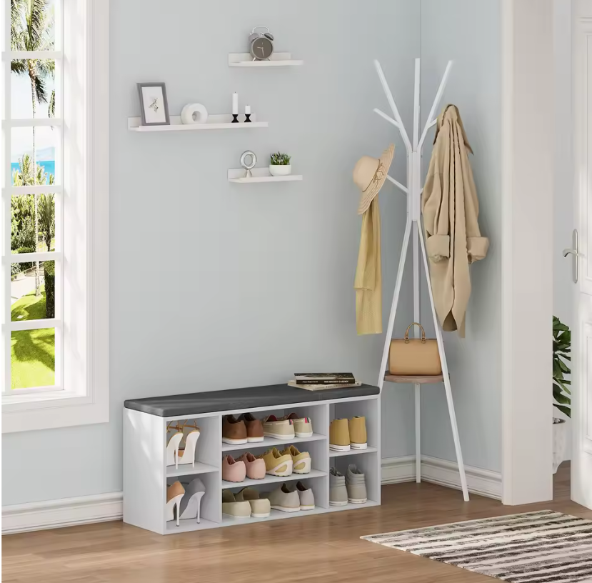 Schoenenbank met 7 Vakken – Witte Opbergbank met Grijs Kussen