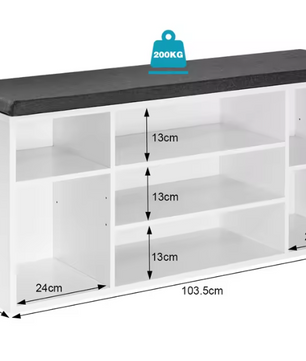 Schoenenbank met 7 Vakken – Witte Opbergbank met Grijs Kussen
