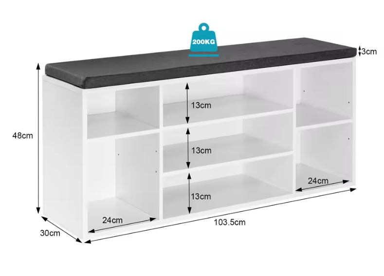 Schoenenbank met 7 Vakken – Witte Opbergbank met Grijs Kussen