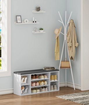 Schoenenbank met 7 Vakken – Witte Opbergbank met Grijs Kussen