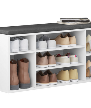 Schoenenbank met 7 Vakken – Witte Opbergbank met Grijs Kussen