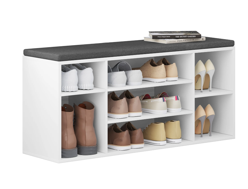 Schoenenbank met 7 Vakken – Witte Opbergbank met Grijs Kussen