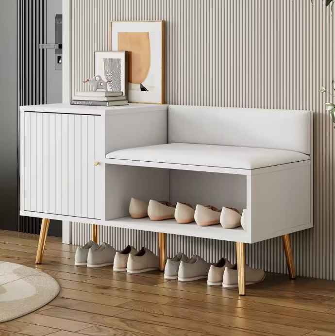 Moderne Witte Schoenenbank met Opbergruimte en Rugleuning – Luxe Zitbank voor Hal