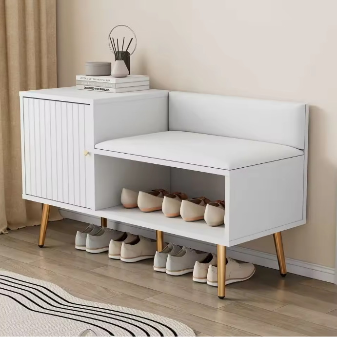 Moderne Witte Schoenenbank met Opbergruimte en Rugleuning – Luxe Zitbank voor Hal