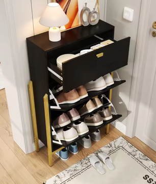 Dubbele Schoenenkast met Lade – Modern Design en Gouden Details