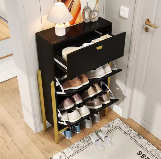 Dubbele Schoenenkast met Lade – Modern Design en Gouden Details