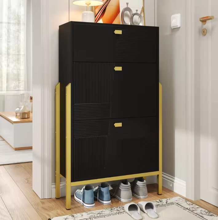 Dubbele Schoenenkast met Lade – Modern Design en Gouden Details