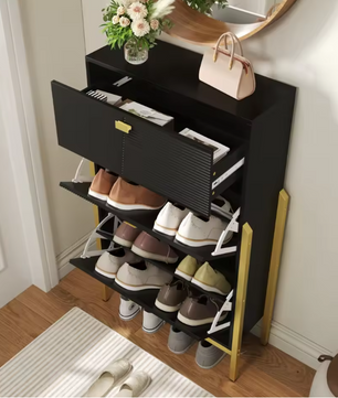 Dubbele Schoenenkast met Lade – Modern Design en Gouden Details