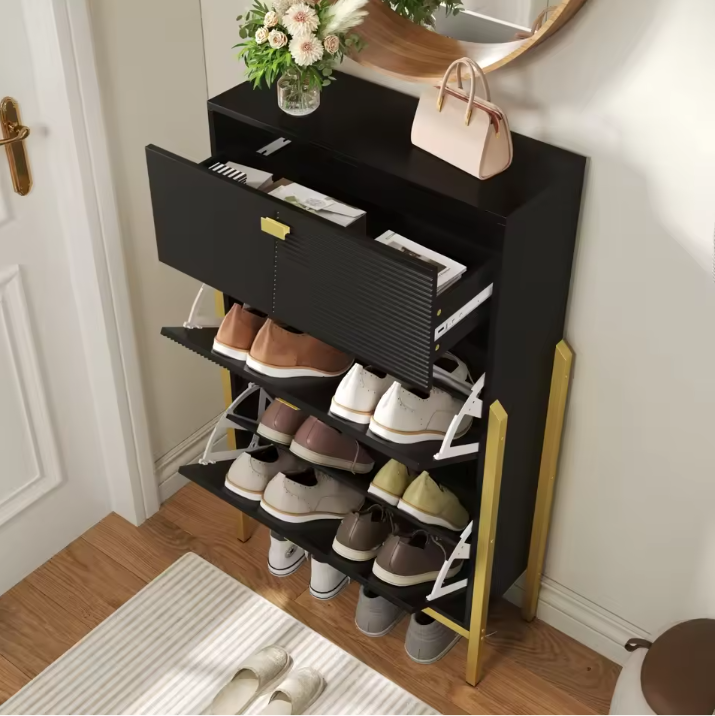 Dubbele Schoenenkast met Lade – Modern Design en Gouden Details