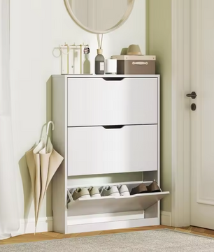 Smalle Schoenenkast met 3 Kleppen – Wit en Ruimtebesparend Ontwerp