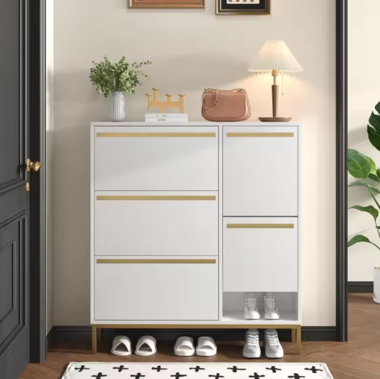 Grote Schoenenkast met 3 Kleppen – Ingebouwde Zitsteun en Open Opbergvakken