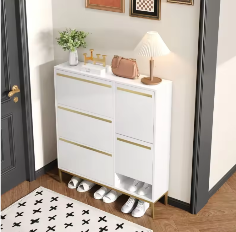 Grote Schoenenkast met 3 Kleppen – Ingebouwde Zitsteun en Open Opbergvakken