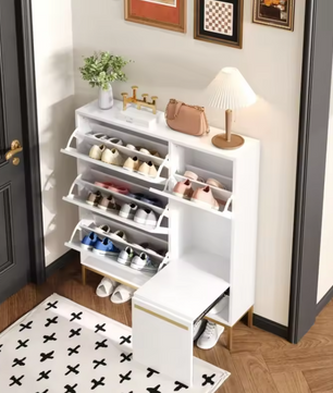 Grote Schoenenkast met 3 Kleppen – Ingebouwde Zitsteun en Open Opbergvakken