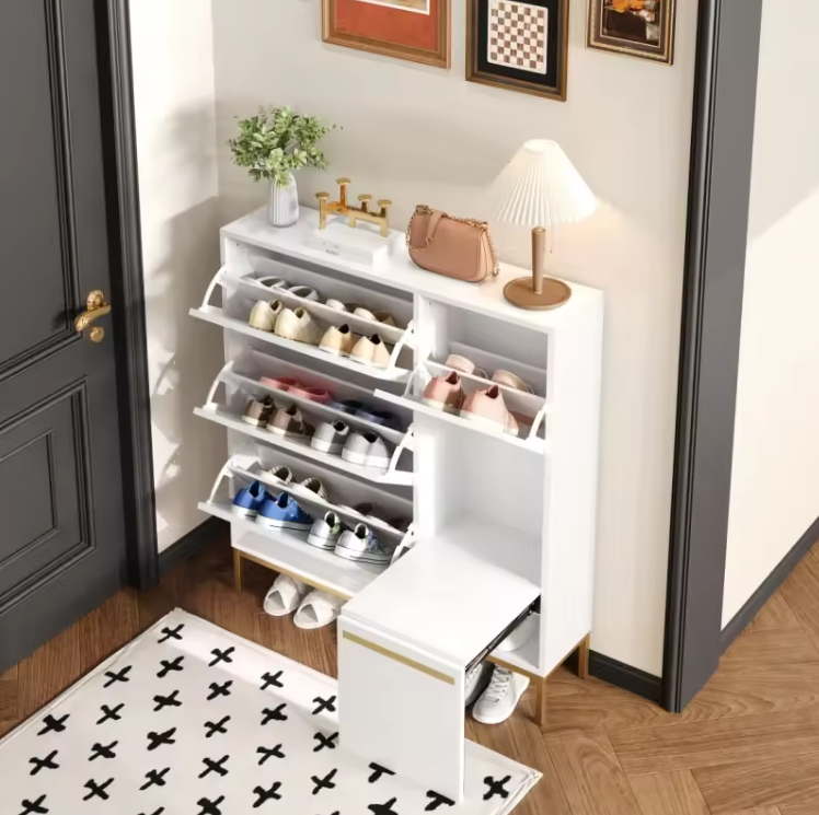 Grote Schoenenkast met 3 Kleppen – Ingebouwde Zitsteun en Open Opbergvakken